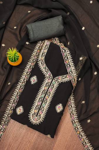 Manvaa women's black unstitched heavy thread embroidery georgette dress material 
