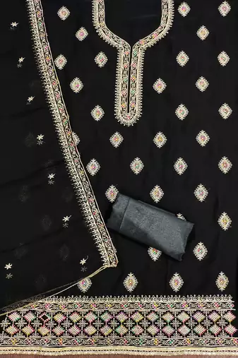 Manvaa women's black heavy thread embroidery georgette dress material