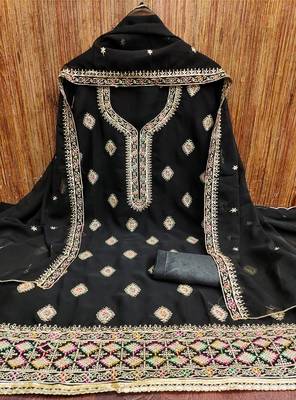 Manvaa women's black heavy thread embroidery georgette dress material 3