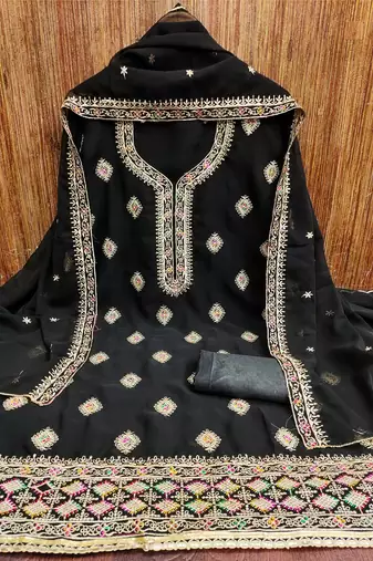 Manvaa women's black heavy thread embroidery georgette dress material
