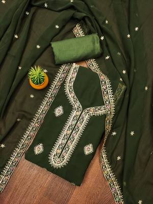 Manvaa women's green heavy thread embroidery georgette dress material 1