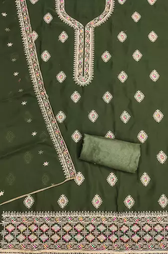 Manvaa women's green heavy thread embroidery georgette dress material