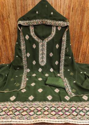 Manvaa women's green heavy thread embroidery georgette dress material 3