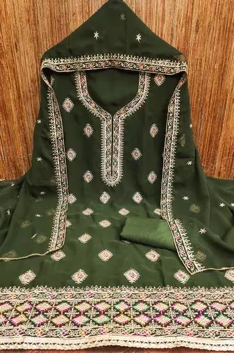 Manvaa women's green heavy thread embroidery georgette dress material