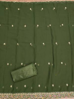 Manvaa women's green heavy thread embroidery georgette dress material 4