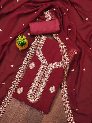 Manvaa women's maroon heavy thread embroidery georgette dress material 1