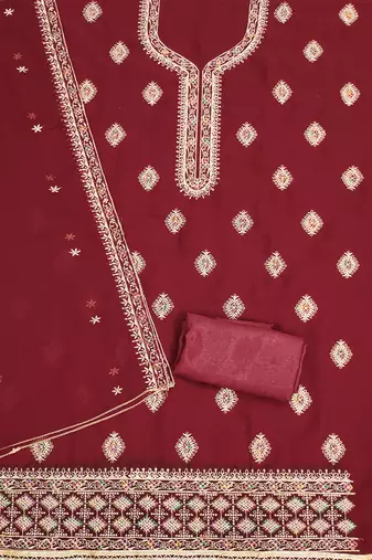 Manvaa women's maroon heavy thread embroidery georgette dress material