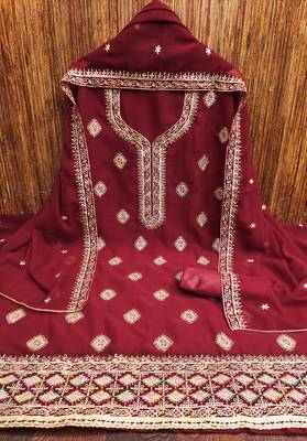 Manvaa women's maroon heavy thread embroidery georgette dress material 3