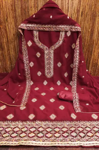Manvaa women's maroon heavy thread embroidery georgette dress material