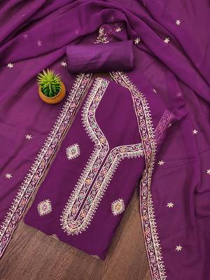 Manvaa women's purple heavy thread embroidery georgette dress material 1