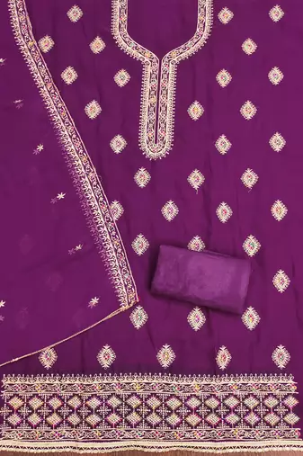 Manvaa women's purple heavy thread embroidery georgette dress material