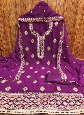 Manvaa women's purple heavy thread embroidery georgette dress material 3