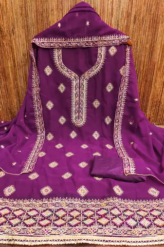 Manvaa women's purple heavy thread embroidery georgette dress material