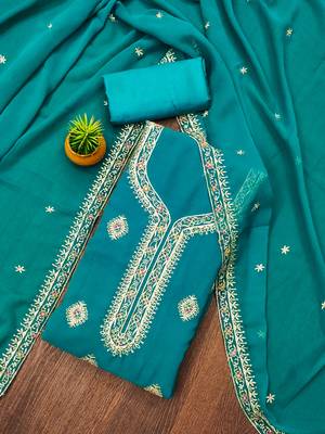 Manvaa women's sky blue heavy thread embroidery georgette dress material 1