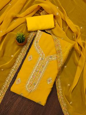 Manvaa women's yellow heavy thread embroidery georgette dress material 1