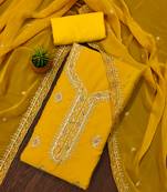 Manvaa women's yellow unstitched heavy thread embroidery georgette dress material