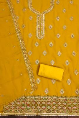 Manvaa women's yellow heavy thread embroidery georgette dress material 2