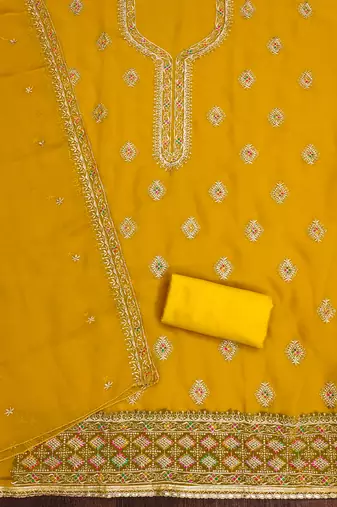 Manvaa women's yellow heavy thread embroidery georgette dress material