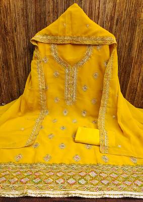 Manvaa women's yellow heavy thread embroidery georgette dress material 3
