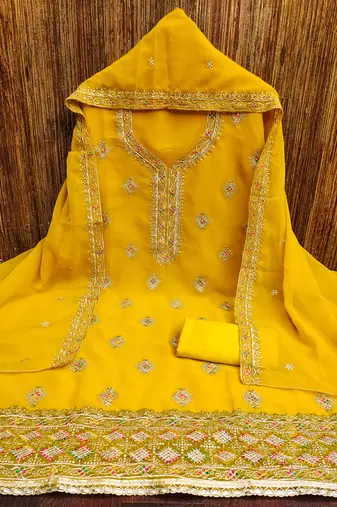 Manvaa women's yellow heavy thread embroidery georgette dress material