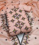 Manvaa women's peach unstitched heavy thread embroidery chanderi cotton dress material 