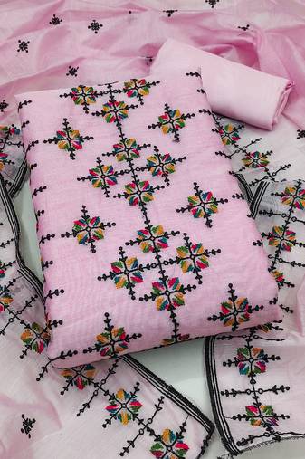 Manvaa women's pink unstitched heavy thread embroidery chanderi cotton dress material 