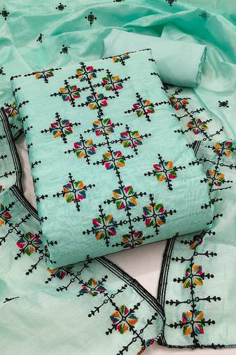Manvaa women's sea green unstitched thread embroidery chanderi cotton dress material 
