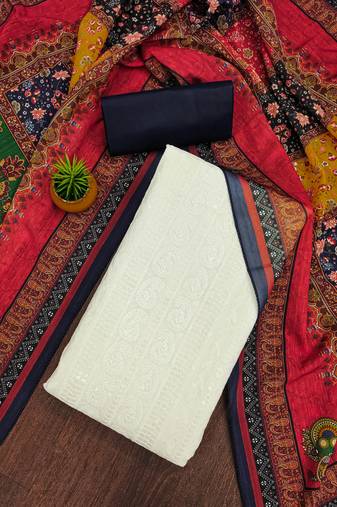 Manvaa women's white unstitched sequnce work pc cotton dress material 