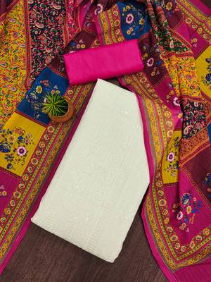 Manvaa women's white unstitched sequnce work pc cotton dress material  1