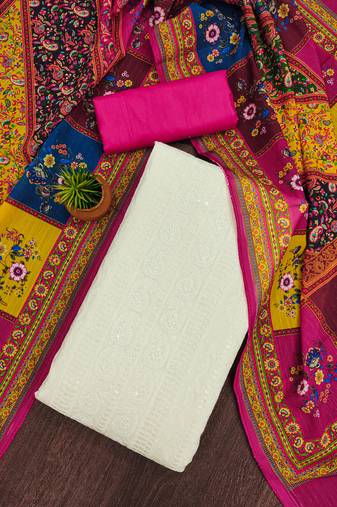 Manvaa women's white unstitched sequnce work pc cotton dress material 