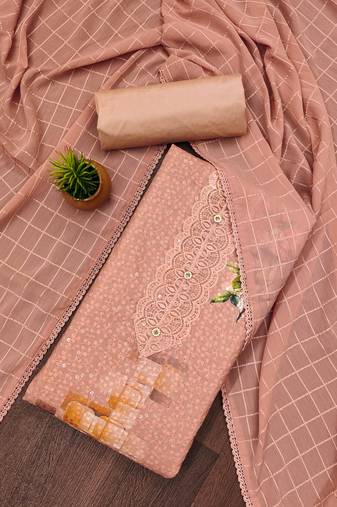 Manvaa women's peach unstitched sequnce work pc cotton dress material 