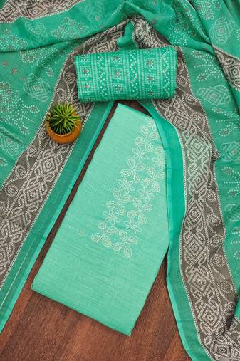 Manvaa women's sea green unstitched daimond work cotton dress material 