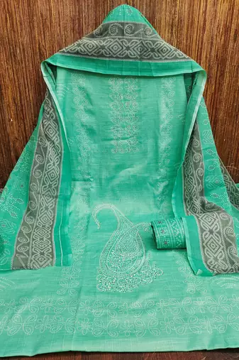 Manvaa women's sea green daimond work cotton dress material