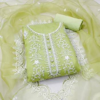 Manvaa women's light green sequnce work organza dress material 1
