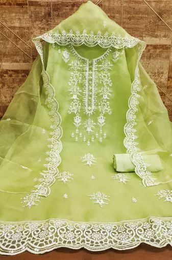 Manvaa women's light green sequnce work organza dress material