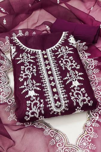 Manvaa women's purple unstitched sequnce work organza dress material 