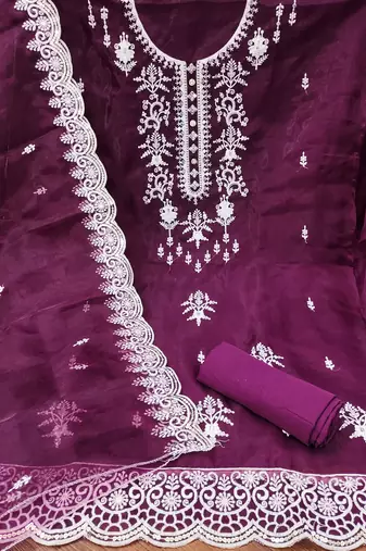 Manvaa women's purple sequnce work organza dress material