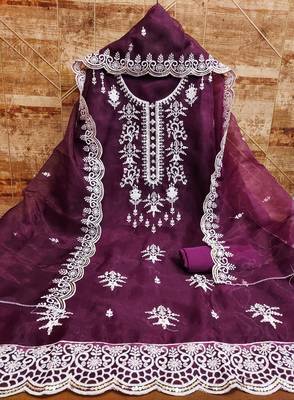 Manvaa women's purple sequnce work organza dress material 3