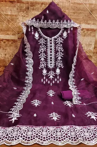 Manvaa women's purple sequnce work organza dress material