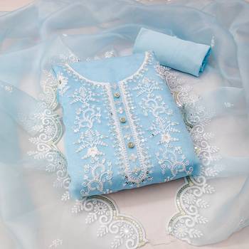 Manvaa women's sky blue unstitched sequnce work organza dress material  1