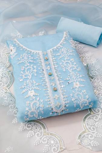 Manvaa women's sky blue unstitched sequnce work organza dress material 