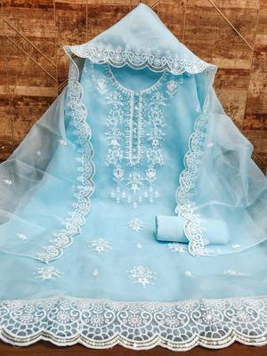 Manvaa women's sky blue unstitched sequnce work organza dress material  2