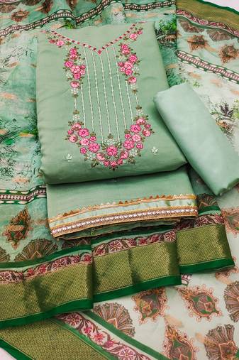 Manvaa women's light green unstitched embroidery roman pv chanderi silk dress material 