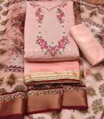 Manvaa women's peach unstitched thread embroidery roman pv chanderi silk dress material