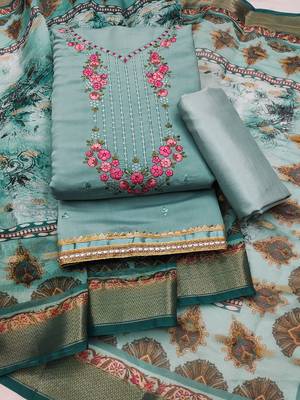 Manvaa women's sea green embroidery roman pv chanderi silk dress material 1