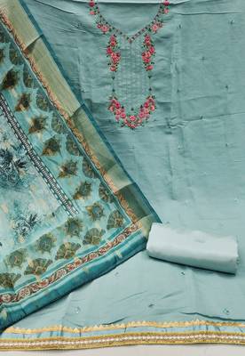 Manvaa women's sea green embroidery roman pv chanderi silk dress material 2