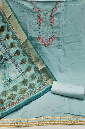 Manvaa women's sea green embroidery roman pv chanderi silk dress material