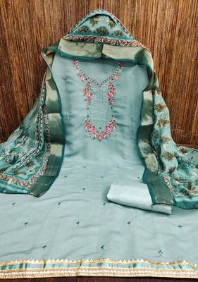 Manvaa women's sea green embroidery roman pv chanderi silk dress material 3