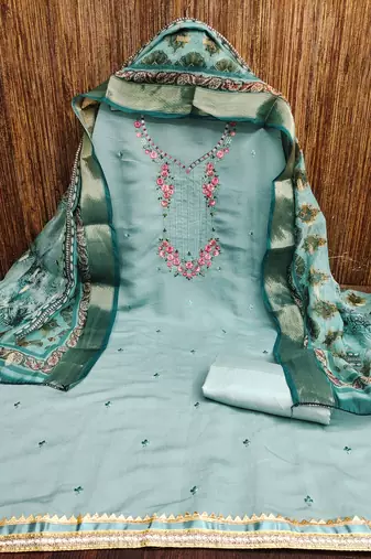 Manvaa women's sea green embroidery roman pv chanderi silk dress material