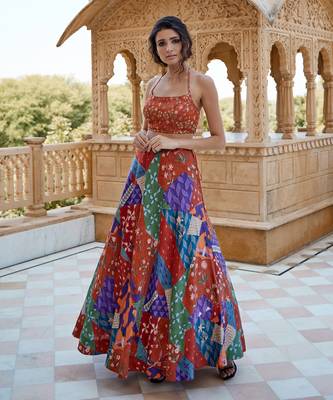 Burnt Orange Satin hand-embroidered Lehanga Set 1